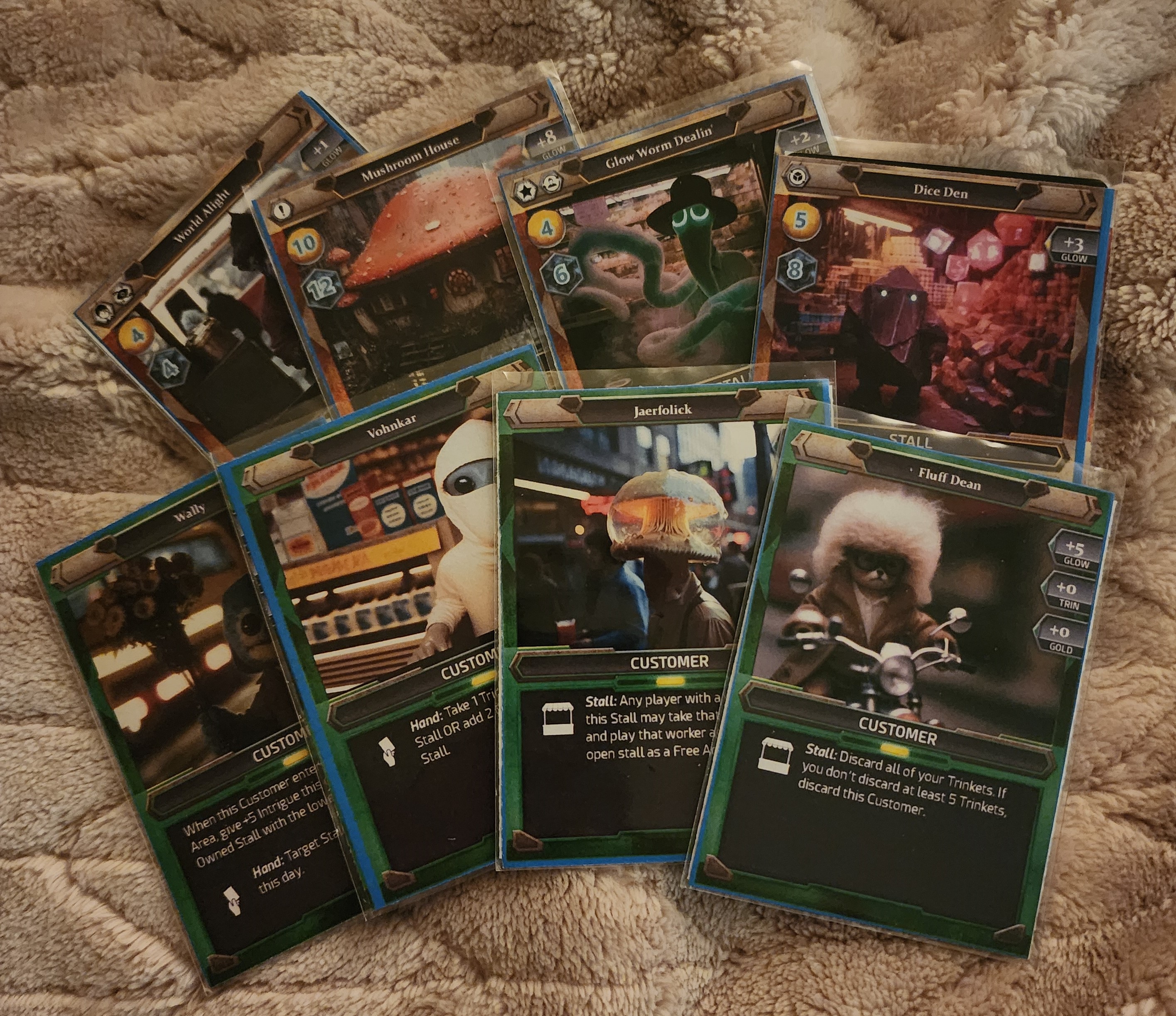 Early prototype of a handful of cards, both Customers and Stalls. 